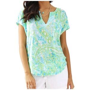 Lilly Pulitzer Duval Notch Short Sleeve Green Linen Shirt Tropical Vacation Sz M